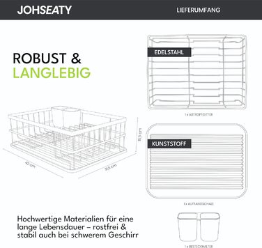 Сушарка для посуду JOHSEATY з піддоном, нержавіюча сталь, 42x32 см, з підставкою для столових приборів, сушарка для кухні