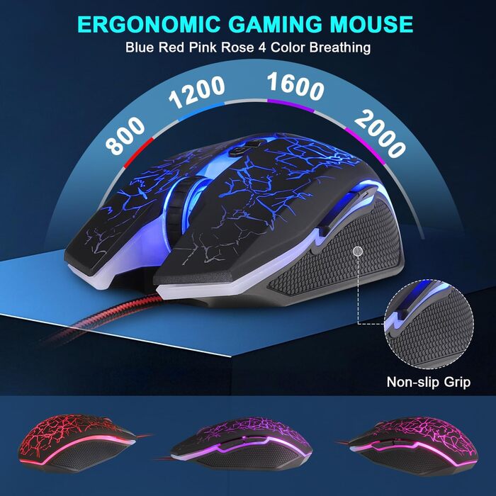 Ігровий набір клавіатури та миші: 114 клавіші QWERTZ DE, LED підсвічування, ергономічна миша з 4 кольорами, великий килимок, USB для PC/PS5/Xbox