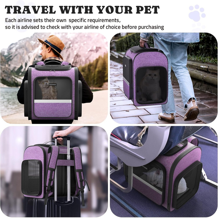 Рюкзак-переноска для котів Pawtners з розширеним тунелем для ігор, дозволений авіакомпаніями, для маленьких собак та великих котів до 11,3 кг, складаний рюкзак для подорожей з котами (Ліловий, 15.7'L x 12.6'W x 15.0'H)