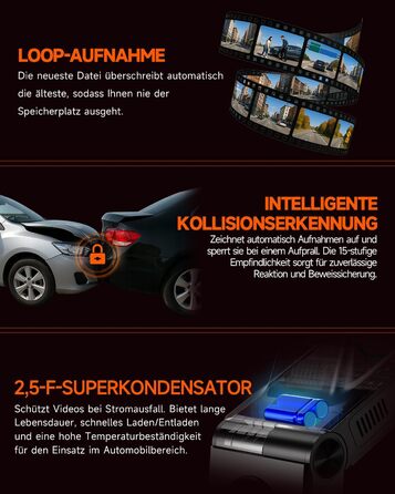 Відеореєстратор E-YEEGER Dashcam Auto 345° Panorama 4K+2.5K з GPS, WiFi, HDR, Нічне бачення, Паркувальний режим, Loop-запис, SD-карта 64GB