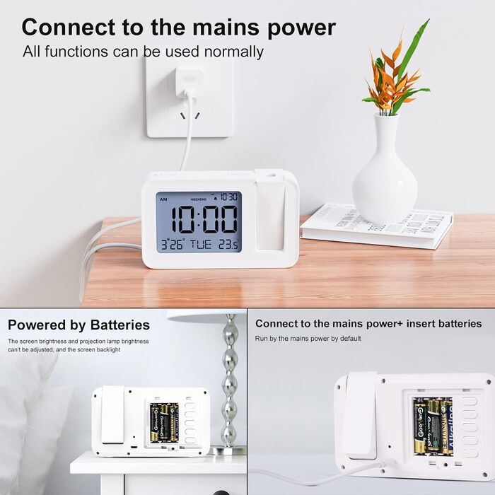 CHEREEKI Projection Alarm Clock, Alarm Clock with Indoor Temperature, 4 Adjustable Projection Brightness, 9-Minute Snooze Function, Digital Alarm Clock Suitable for Office and Bedroom