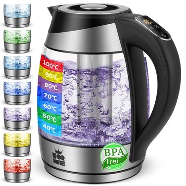 Електричний чайник FOR ME Glas з ситом, 1.8л, регулювання температури 40-100°C, LED-підсвітка 7 кольорів, підтримка тепла, без BPA