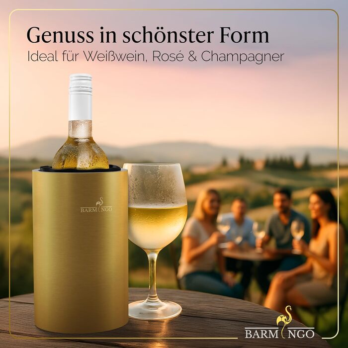 Охолоджувач для вина BARMINGO з нержавіючої сталі з 2 охолоджувальними акумуляторами – охолоджувач для напоїв та пляшок для вина, шампанського та секту | Подвійний сектокюлер з охолоджувальними манжетами | Охолоджувач для винних пляшок | Золотий