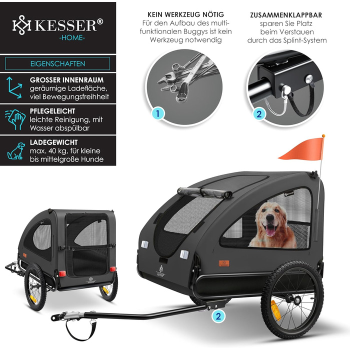 KESSER® Переноска для собак Боксер 2-в-1, велосипедна та прогулянкова, велика (250л), з прапорцем та сумкою, матеріал 600D Oxford Canvas, складана SmartSpace, до 45кг (антрацит/чорний)