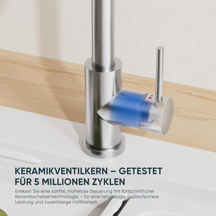 Кухонний змішувач BESy з 3 режимами струменя, висувна лійка, водоспад, поворотний на 360°, з нержавіючої сталі SUS304, для кухні