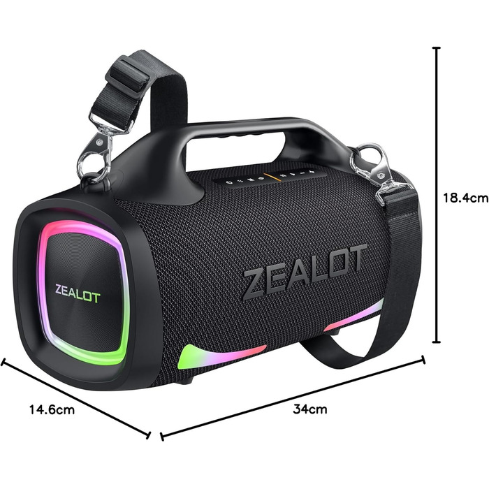ZEALOT Bluetooth колонка 100W, XBass, Bluetooth 5.2, USB-C, 24000mAh, IPX6 водонепроникна, для кемпінгу, пляжу, басейну, саду - Чорна