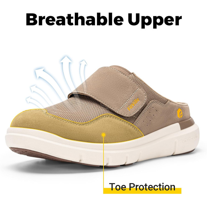 Домашні тапочки для чоловіків FitVille з широкою колодкою, з липучкою, з підтримкою склепіння стопи, розмір 41-50, пісочний колір