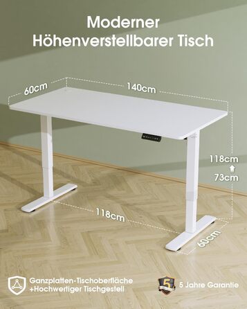 Flamaker Adjustable Height Desk - 140x60cm Electric Standing Desk with Memory & USB Charging (White)