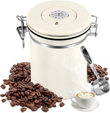 Герметичний контейнер для кави з нержавіючої сталі 1,8л з випускним клапаном, Vorratsdose для кавових зерен, горіхів, какао (Бежевий/Білий)