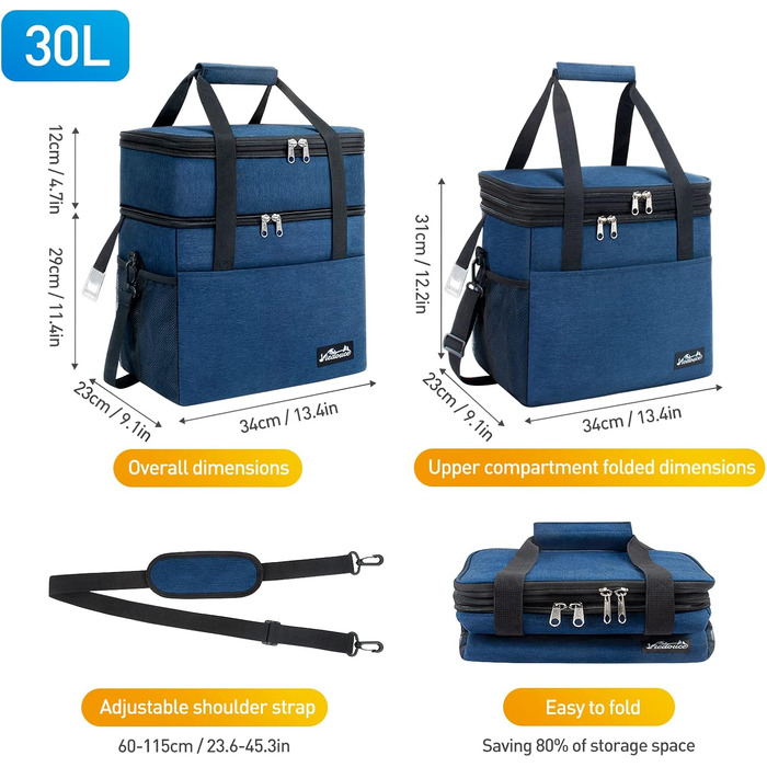 Термосумка Viedouce 30L: ізольована сумка-холодильник для пікніків, кемпінгу та подорожей (блакитна)