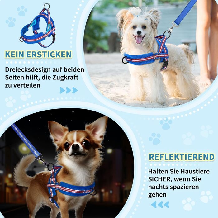 Нашийник для собак середніх та маленьких порід, м'який, не тягне, з 2 кліпсами для повідка, легкий, світловідбиваючий, чорний (S, Темно-синій)