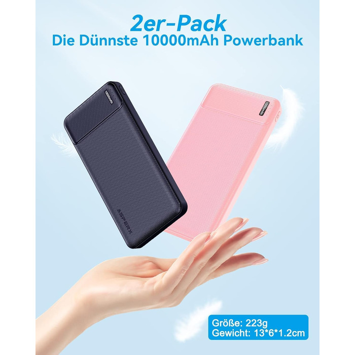 Power Bank AsperX 10000mAh (2 шт.) з USB-C, 4 порти, для iPhone, iPad, Huawei, Tablet - Чорний+Білий