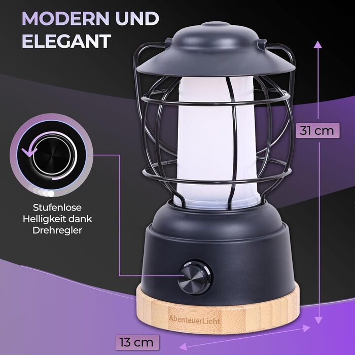 Outdoor LED Camping Lantern AdventureLight - Weatherproof Battery-Powered Camping Lamp with up to 200h Runtime, Steplessly Dimmable, 2 Color Temperatures: Cozy & Refreshing, 390 Lumens, USB Rechargeable