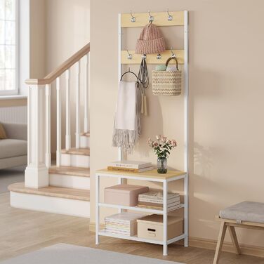 WOLTU Coat Rack Clothes Rack Laundry Rack Shoe Shelf with Seat, with 7 Hooks, Wood and Steel, Hanging Shelf, Black Vintage (Light Oak + White)