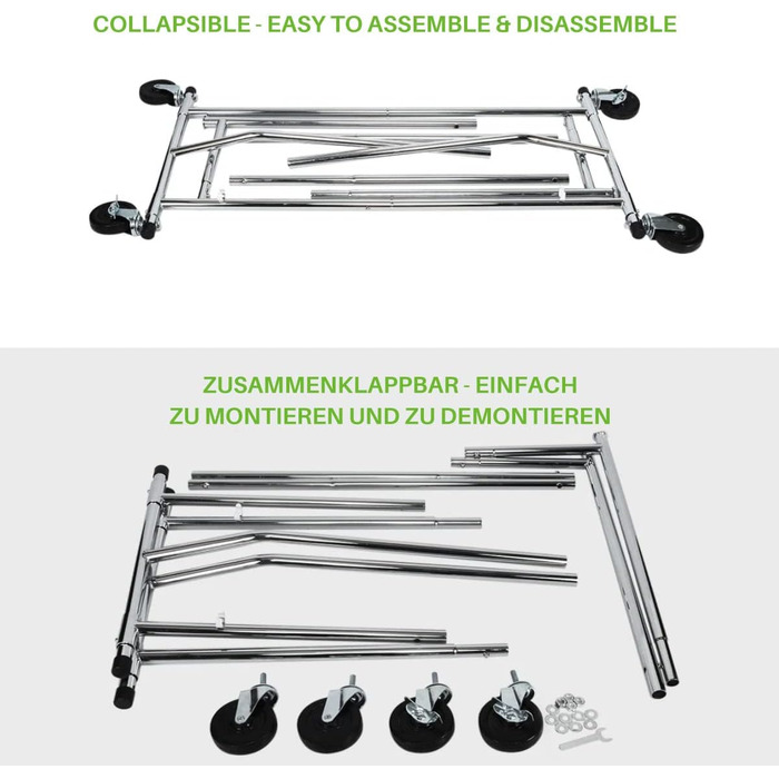 Стійка для одягу HOKEEPER для важких навантажень, до 181 кг, висувна штанга на колесах, міцна подвійна рейка, срібна (S001)