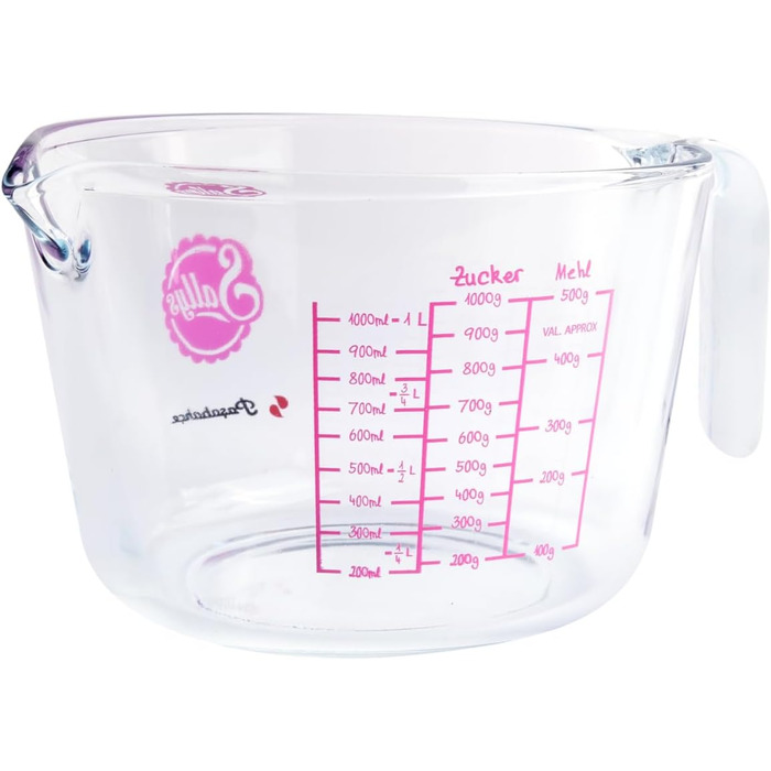 Measuring cup made of borosilicate glass in milliliters and grams, cold and heat resistant (microwave safe), with non-slip and ergonomic handle (1 liter) Transparent