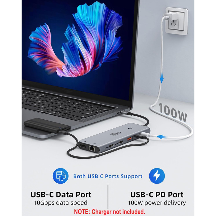 Док-станція USB-C 13-в-1 для ноутбуків: Dual Monitor, HDMI, DisplayPort, USB 3.0, Ethernet, PD 100W, SD/TF, Audio/Mic (сірий)
