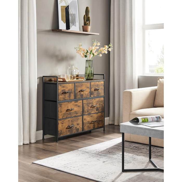 SONGMICS Chest of Drawers, Cabinet, 7 Fabric Drawers with Handles, Metal Frame, Industrial Design, Vintage Brown-Ink Black LTS137B01