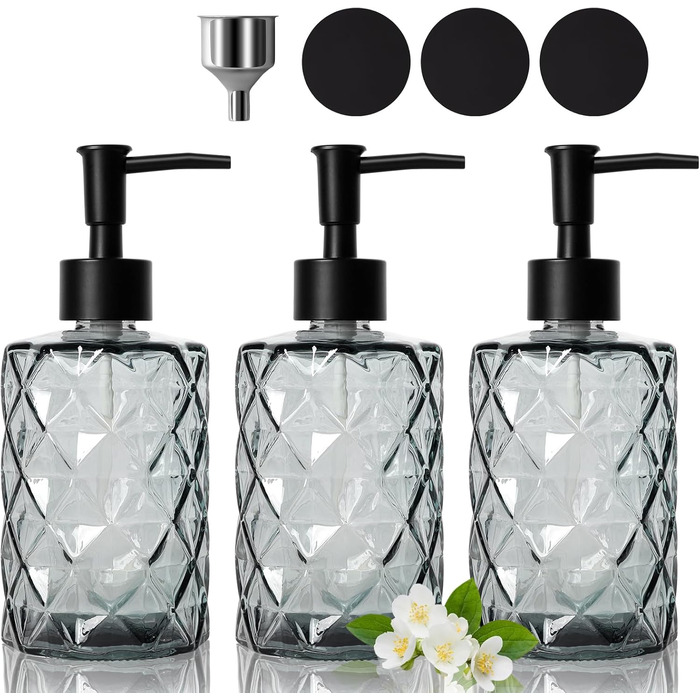 Набір з 3 скляних дозаторів для мила Omtofo, 330 мл, чорний, з нержавіючою сталею, для ванної кімнати