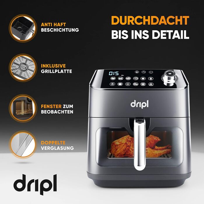 Dripl Hot Air Fryer 5.7L, XXL Fryer with LCD Touchscreen, AirFryer with 12 Programs, Compact Hot Air Fryer with Digital Display, Energy Saving, Preheating & Keep Warm, Oil-Free