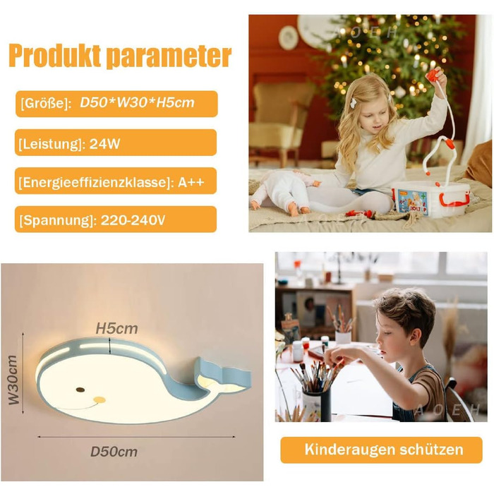 LED Ceiling Lamp Dolphin Shape Dimmable with Remote Control Boy Girl Baby Kids Children's Room Lamps Ceiling Children's Room Bedroom Lamp Room Lighting Chandelier, White, 50cm (Blue, 50cm)