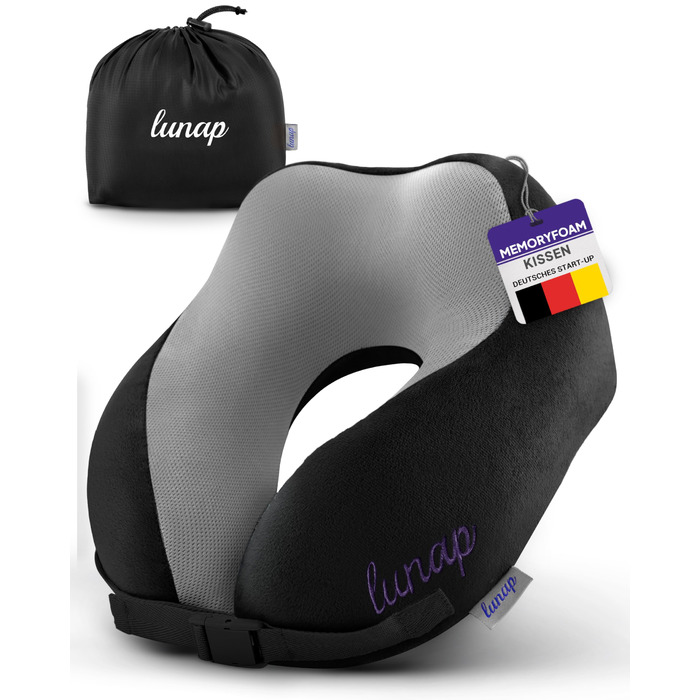 Подушка для шиї Luna Nackenkissen Flugzeug: Memory Foam, дихаюча, для подорожей, чорна. Подушка для шиї в літак, авто, для дорослих. Зручна та миюча.