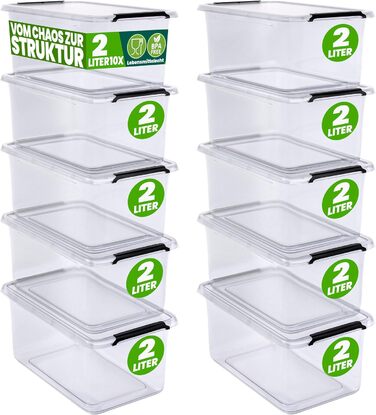 Deuba® 10x Storage Box with Lid 2L Box Plastic Crates Food Safe BPA Free Small Click Closure Transparent Stackable Kitchen Bedroom