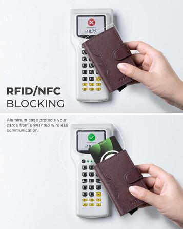 Чоловіче картхолдер VULKIT з RFID блокуванням, з металевою конструкцією, 3 відділення для кредитних карт та віконцем для посвідчення, компактний гаманець з магнітною застібкою, червоне шкіряне покриття (справжня шкіра Litchi Espresso)