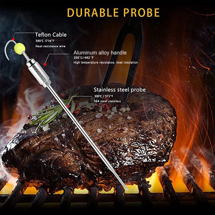 Uzone Wireless Meat Thermometer, Digital Bluetooth Thermometer with APP 100m Remote Monitoring, Grill Thermometer for Smoker Roasting BBQ Oven Thermometer, LCD Backlit Screen, 4 Probes (Probe)