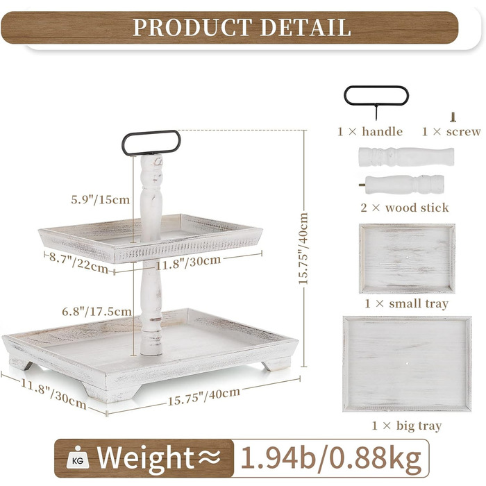 Hanobe Decorative Table Tray Etagere Wood: White Washed Wood Tray Large Rectangular with 2 Tiers Farmhouse Decorative Tray Vintage Shabby Serving Tray for Home Coffee Corner Bathroom