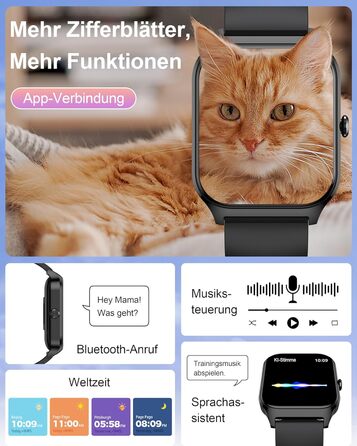 Розумний годинник Popglory для жінок та чоловіків, 100+ спортивних режимів, моніторинг здоров'я 24/7, Bluetooth, вимірювання тиску, пульсу, стресу, сну, будильник, калькулятор, крокомір, сумісний з Android та iOS, чорний