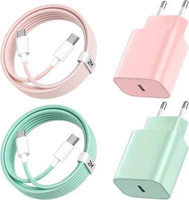 Зарядний пристрій USB-C 20W з кабелем Type-C 2м для iPhone 16/15/Pro/Air, iPad - Рожевий + Зелений (2 шт)