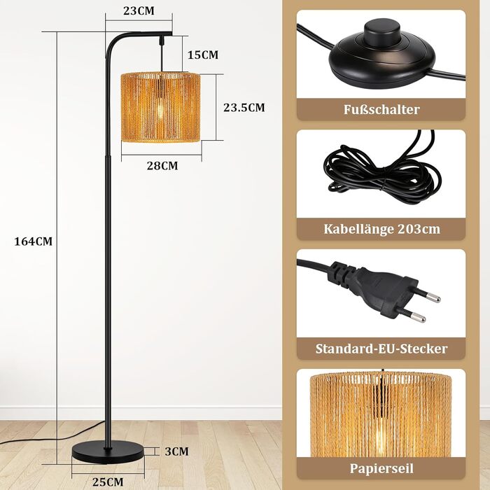 Торшер Rattan Boho - Стильний торшер для вітальні E27 164 см, чорний, з ножним вимикачем. Торшер в спальню, на терасу, в офіс, циліндричний абажур