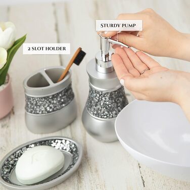 Набір аксесуарів для ванної кімнати Creative Scents, 6 предметів, сріблястий: дозатор для мила, тримач для зубних щіток, мильниця, коробка для серветок, смітник та стакан, сучасний дизайн