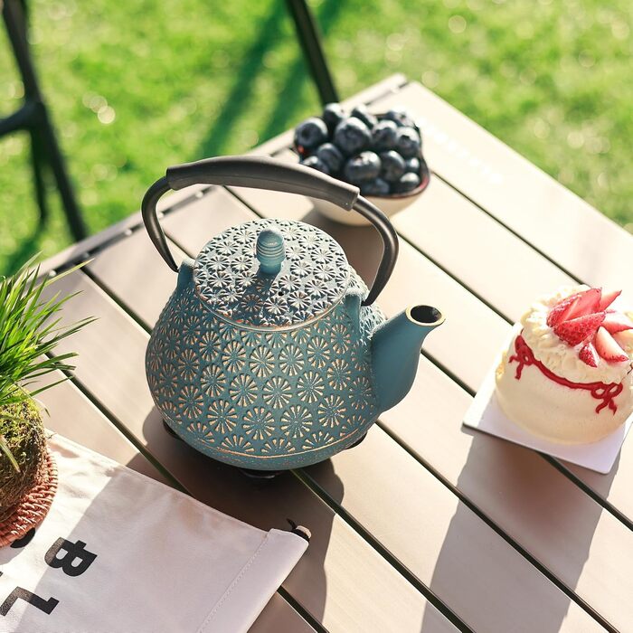 Cast Iron Teapot, 950ml Japanese Cherry Blossom Pattern Teakettle, Stovetop Safe, Infuser for Loose Tea & Coffee, Silicone Handle, Enamelled Interior, 32oz Blue