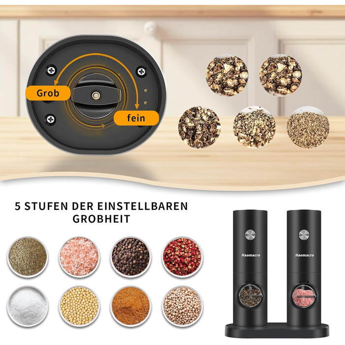 Haomacro Electric Salt and Pepper Grinder Set, Battery Operated, Electric Pepper Grinder Automatic Spice Grinder Salt Shaker with Base, LED Light, Adjustable in 5 Levels