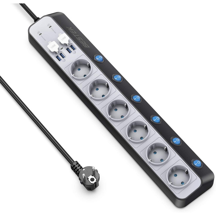BESTEK Розподільник розеток 6-fach з USB, захист від перенапруги 900 Дж, настінний, з вимикачем, синьо-білий, кабель 3 м