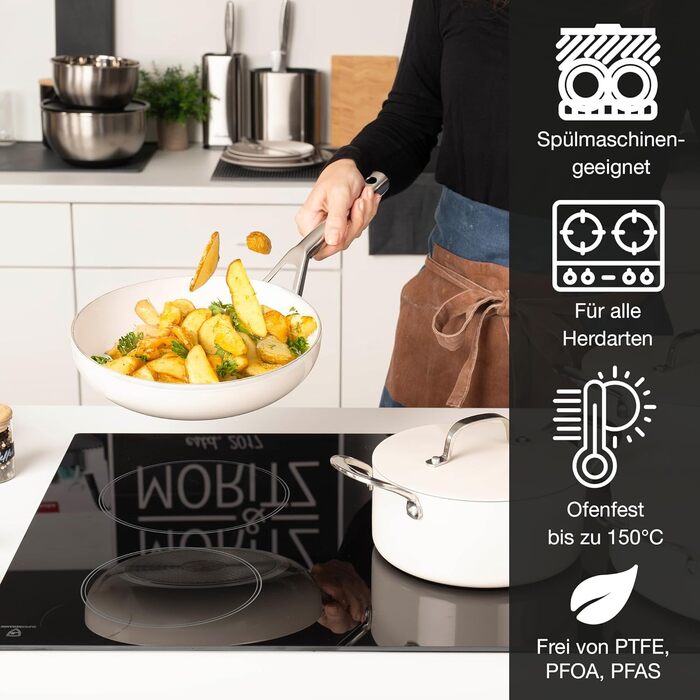 Moritz & Moritz 7-Piece Aluminum Cookware Set with Lids, Induction Compatible, including 2x Sauce Pots with Lids, 1x Serving Pan with Lid, and 1x Induction Frying Pan. Induction Cookware Set for all Cooktops, Cream color.