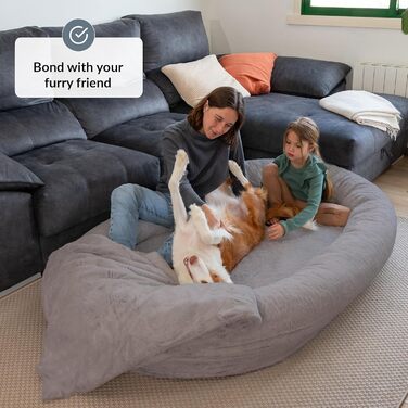 Dog Bed for Humans & Dogs | Giant Human Dog Bed for People | Warm & Comfortable Beanbag Bed | Dog Bed for People & Pets in Human Size | Blanket Included & Removable Cover | Grey