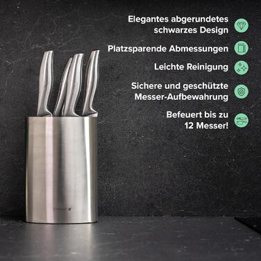 Coninx Knife Block without knives - Knife block with brush insert - Knife Block in Silver - Universal empty knife block stainless steel - Empty knife holder - Suitable for all kitchen knives