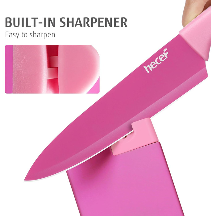 Набір ножів Hecef 14 предметів у блоці, з антипригарним покриттям, для посудомийної машини, самозаточуваний, ергономічні ручки, кухонний набір для будь-якої кухні (рожевий)
