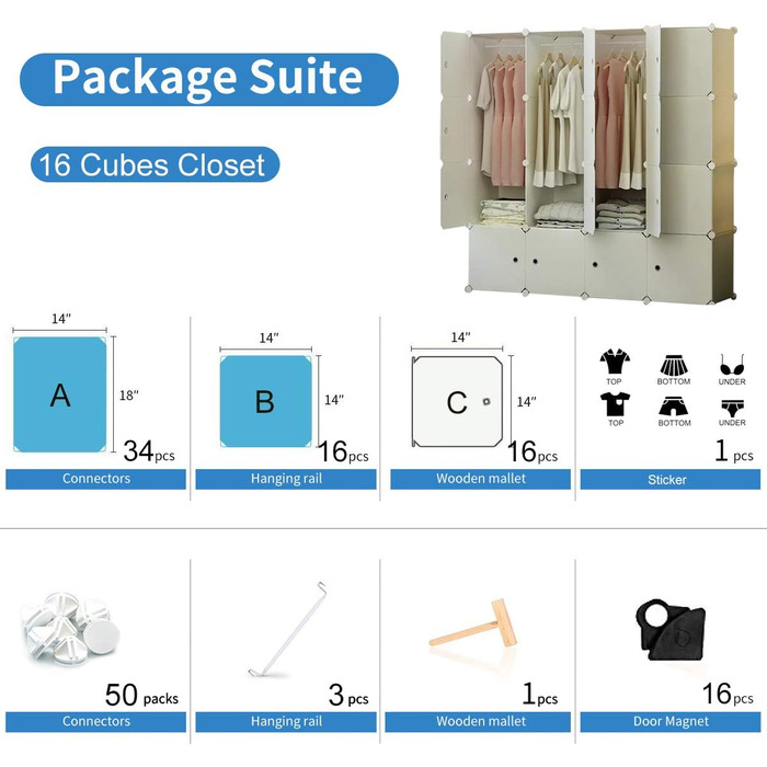 BRIAN & DANY 12-Cube Wardrobe, Modular Closet Wardrobe Shelf System Plastic Wardrobe with Doors & 2 Hangers, Additional Stickers Included (16 Cube, White)