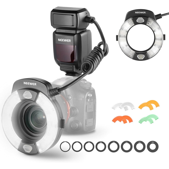 NEEWER RF1-S Макро спалах кільцеве світло для Sony камери, 76W, GN15, 5600K, TTL, 1-1/128, передня/задня синхронізація, кольорові гелі, об'єктивні адаптери, кільця для макрофотографії та студійних фото