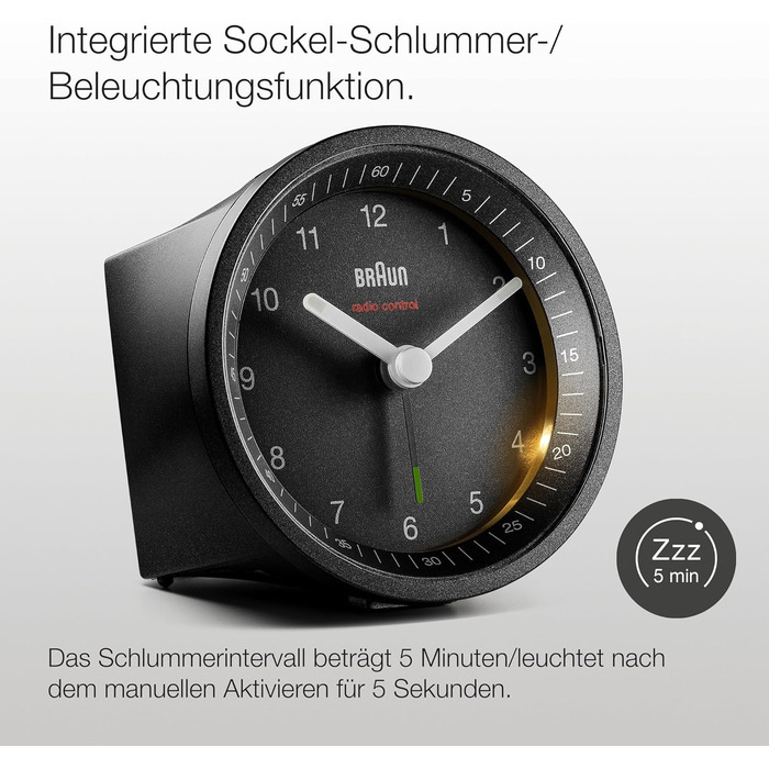 Classic analog radio alarm clock by Braun for the Central European Time Zone (CET/GMT+1) with snooze function and light, quiet movement, crescendo alarm in black, model BC07B-DCF