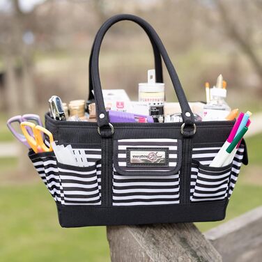 Everything Mary Blaugruner, geometric deluxe store and tote bag, organizer for crafts, sewing, paper, art, desk, canvas, accessories, storage with handles for travel (black and white stripes)