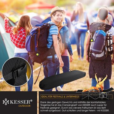Кемпінгове ліжко KESSER® розкладне, металеве, чорне, 190 см з сумкою та ліхтарем