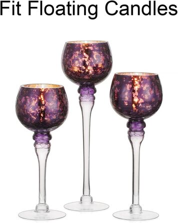 Glass Tealight Holder Set - 3 Pieces Mercury Glass Candle Holders for Table Decoration. Tealight Glasses for Pillar and Floating Candles, Christmas, Living Room Decor (Purple)