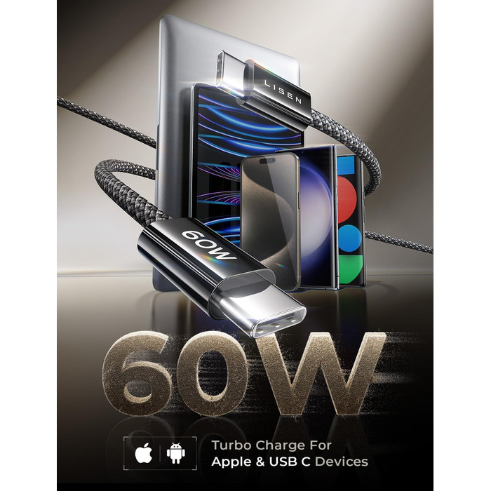 Набір USB-C кабелів LISEN 60W (3x1м + 1x2м), чорний. Підтримка PD 3.0, сумісний з iPhone, Switch, Samsung, MacBook, iPad, Xiaomi