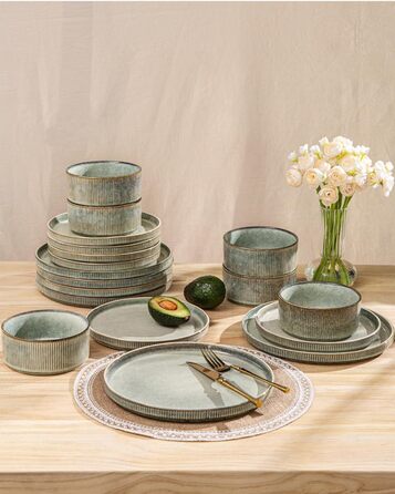 Набір посуду GBhome з реактивної глазурі для 6 осіб (18 предметів), ручна робота, керамічний посуд, безпечний для мікрохвильової печі та посудомийної машини, набір тарілок та мисок, колір Immergrün (Desret Salbei)