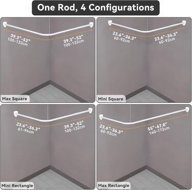 Штанга для душу L-подібної форми, регульована, з 12 кільцями та опорою для стелі, для ванни/ванної кімнати, білий, 60-130см x 60-130см